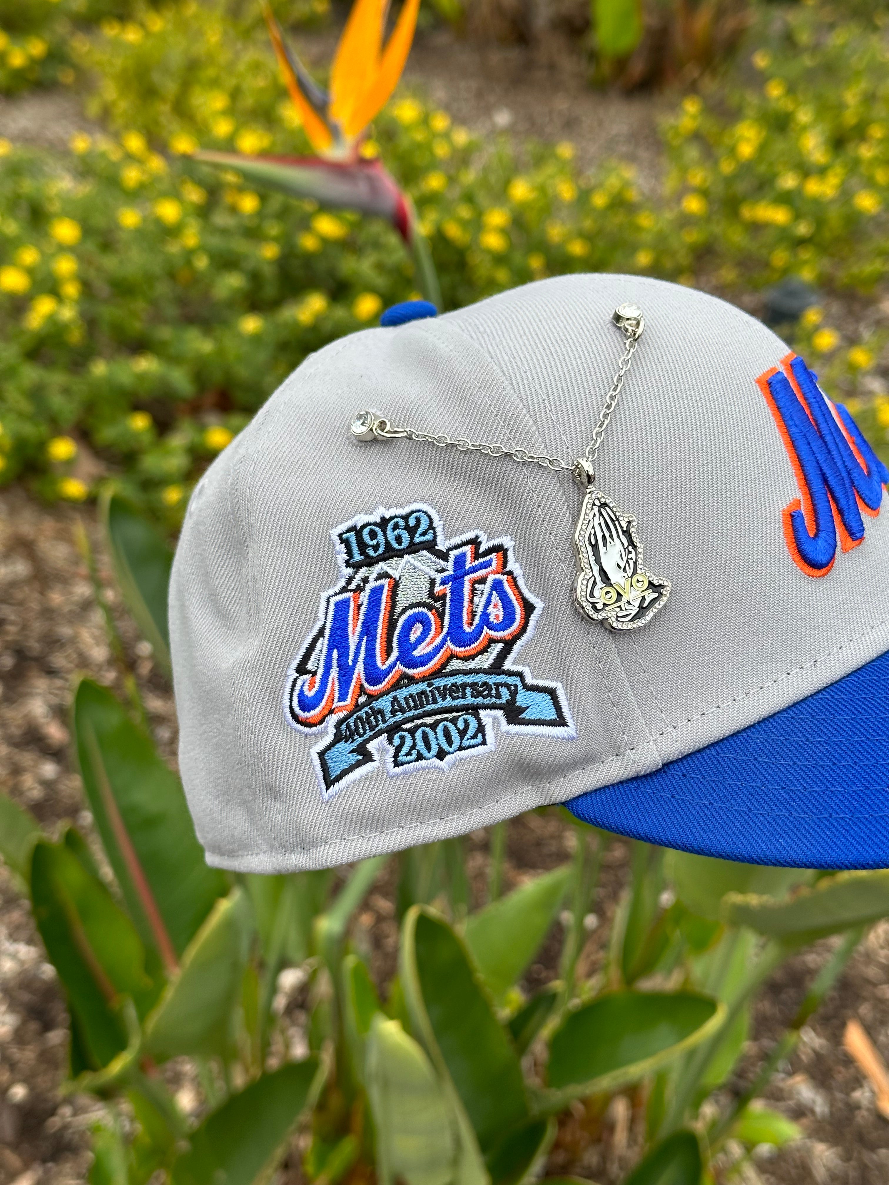 NEW ERA EXCLUSIVE 59FIFTY STONE GRAY/BLUE NEW YORK METS SCRIPT W/ 40TH  ANNIVERSARY SIDE PATCH