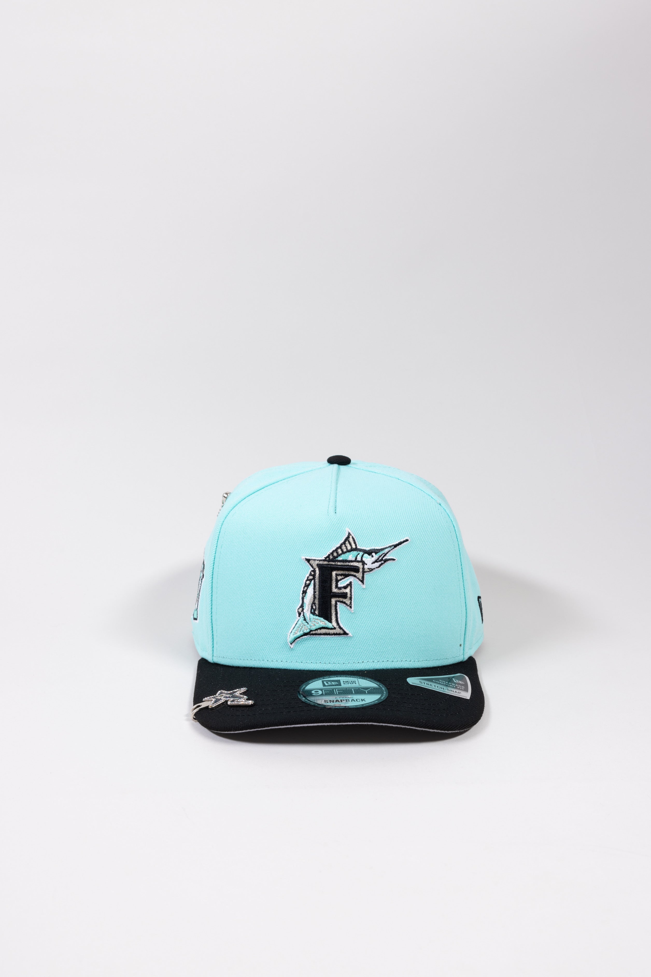 NEW ERA EXCLUSIVE 9FIFTY A-FRAME TEAL/BLACK FLORIDA MARLINS SNAPBACK W/ 25TH ANNIVERSARY SIDE PATCH