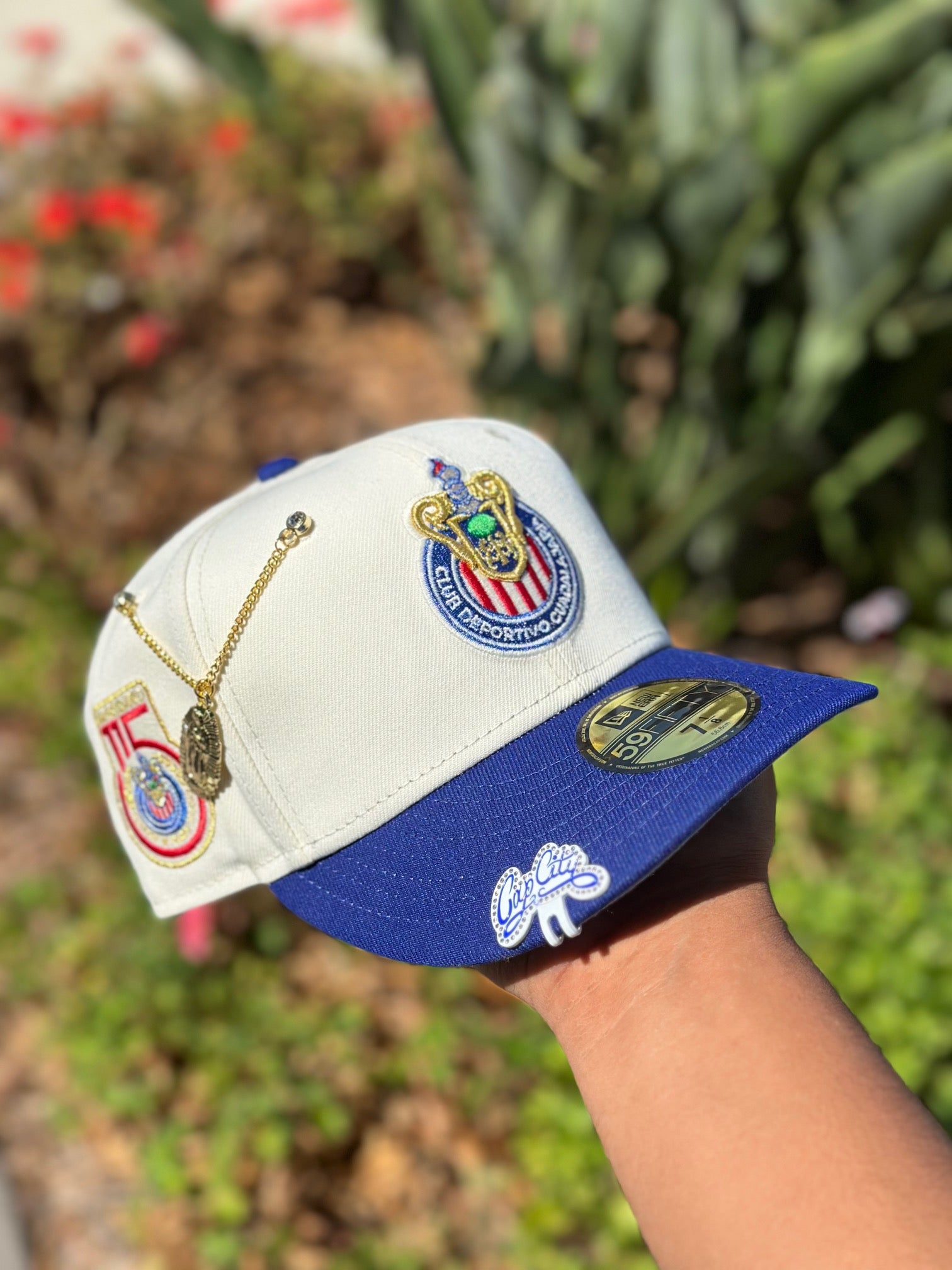 NEW ERA EXCLUSIVE 59FIFTY CHROME WHITE/BLUE "CHIVAS DE GUADALAJARA" W/ 115TH ANNIVERSARY SIDE PATCH