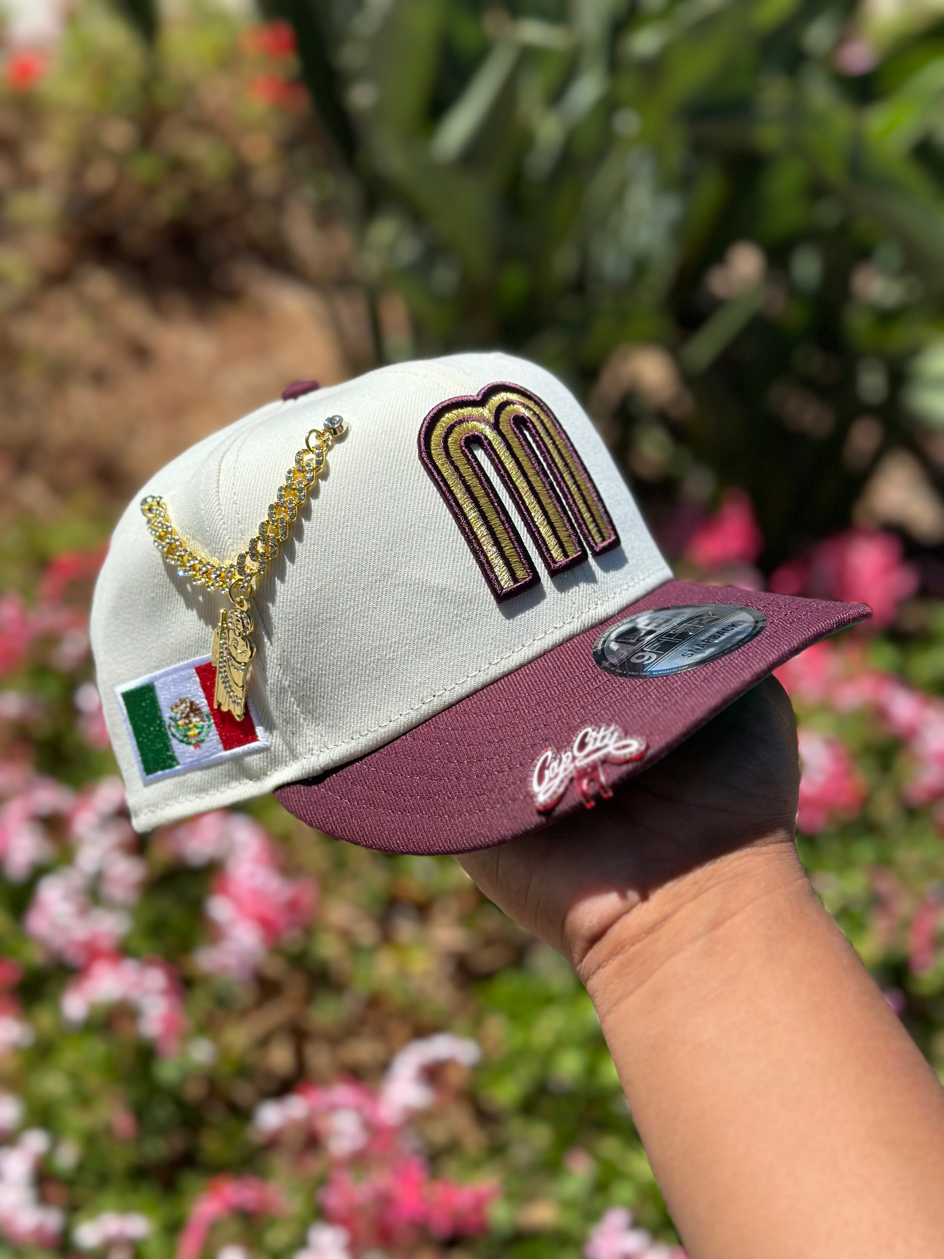 NEW ERA EXCLUSIVE 9FIFTY CHROME WHITE/BURGUNDY MEXICO SNAPBACK W/ MEXICO FLAG SIDE PATCH