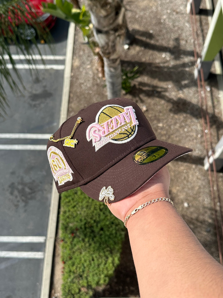 NEW ERA EXCLUSIVE 59FIFTY BROWN UPSIDE DOWN LOS ANGELES LAKERS W/ 60TH –  shopcapcity