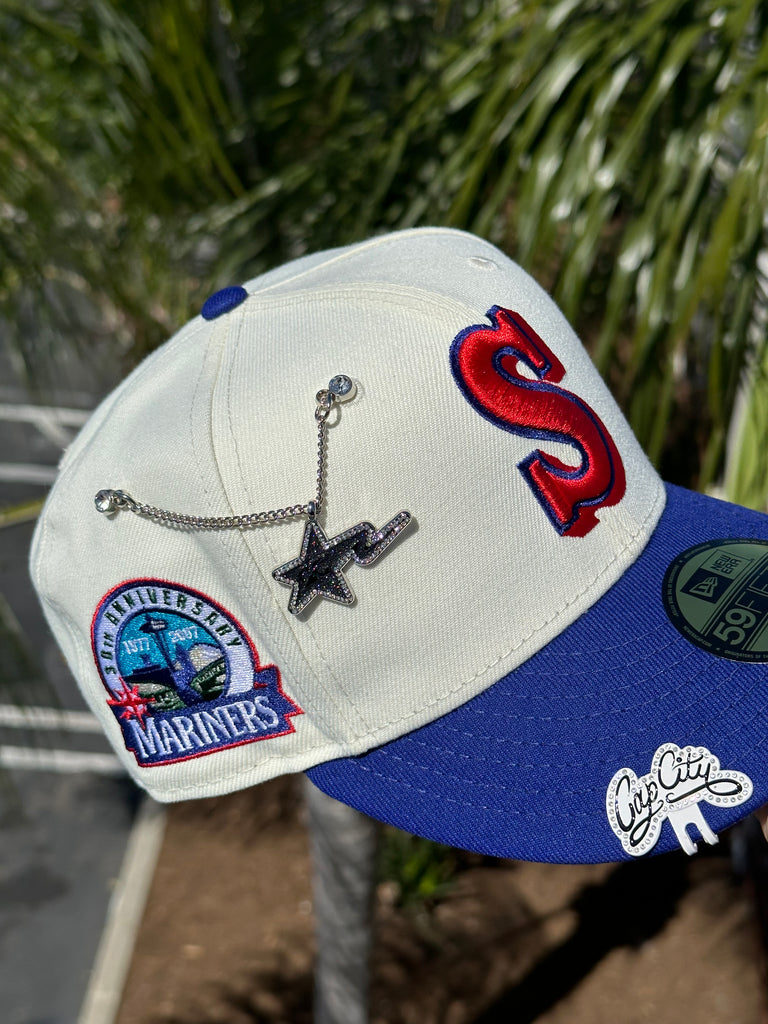 Seattle Mariners New Era Space Needle Chrome White/Black Bill And  Doscientos Blue Bottom With 30th Anniversary Patch On Side 59FIFTY Fitted  Hat